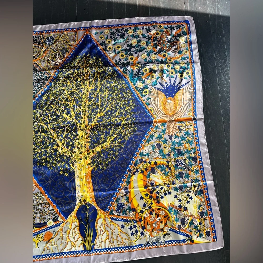 Elegant Blue and Gold Tree of Life Scarf 100% silk